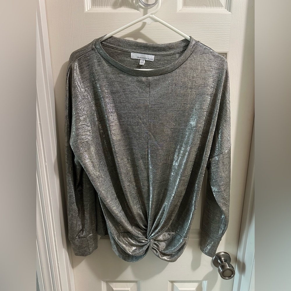 Silver Sparkle Long Sleeve Tie Front Tee